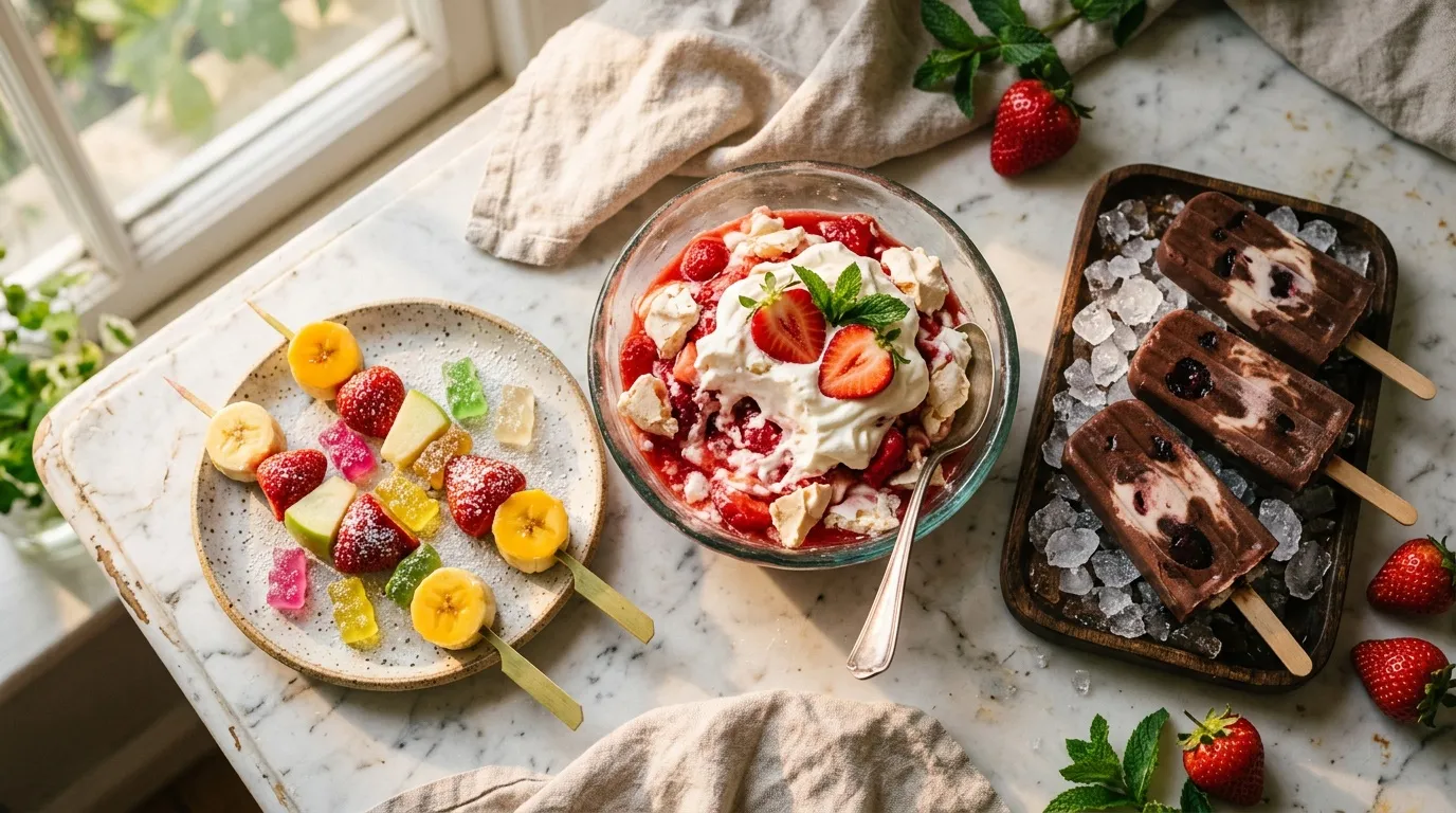 Assortiment de desserts d'été : brochettes, pavlova, glaces au chocolat