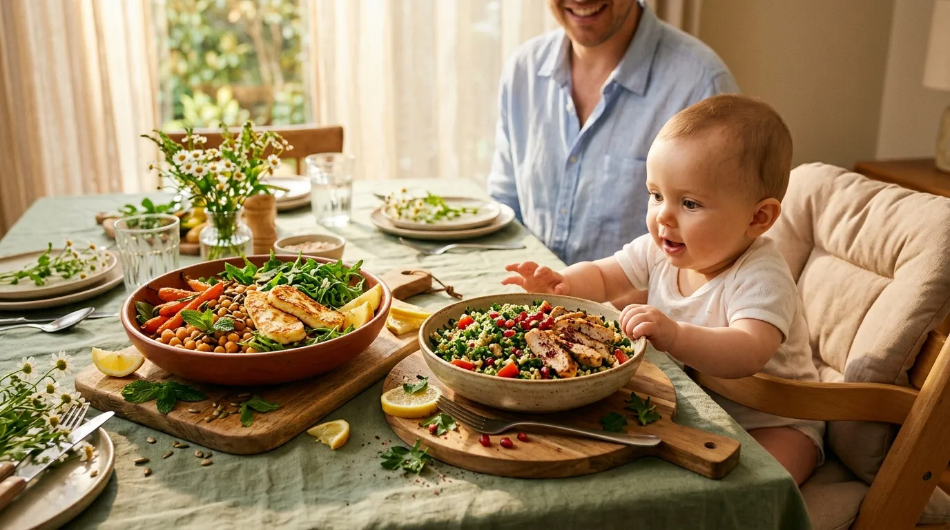 Famille heureuse partageant un repas sain avec bébé souriant