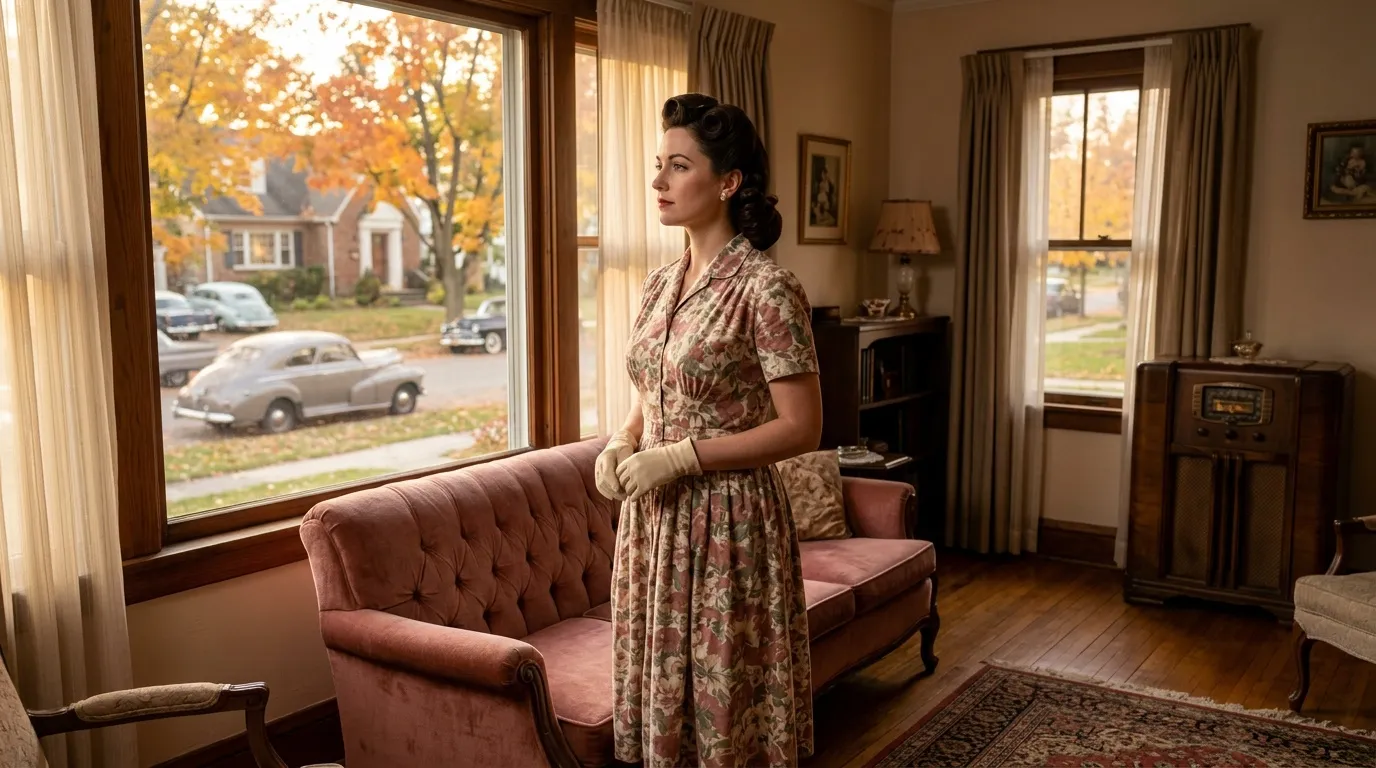 Femme en robe fleurie vintage observant la rue depuis son salon