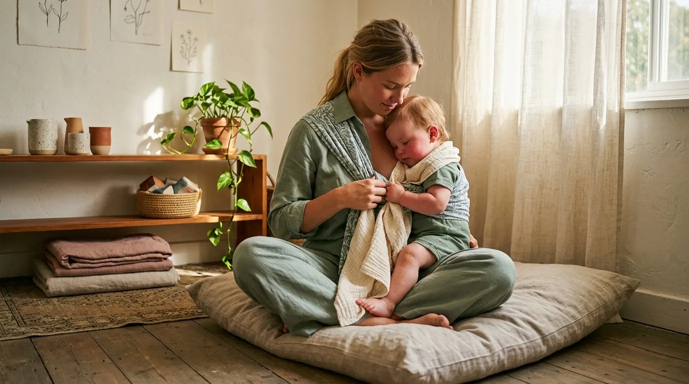 Une mère tient son bébé assis sur un coussin dans une chambre lumineuse et épurée.