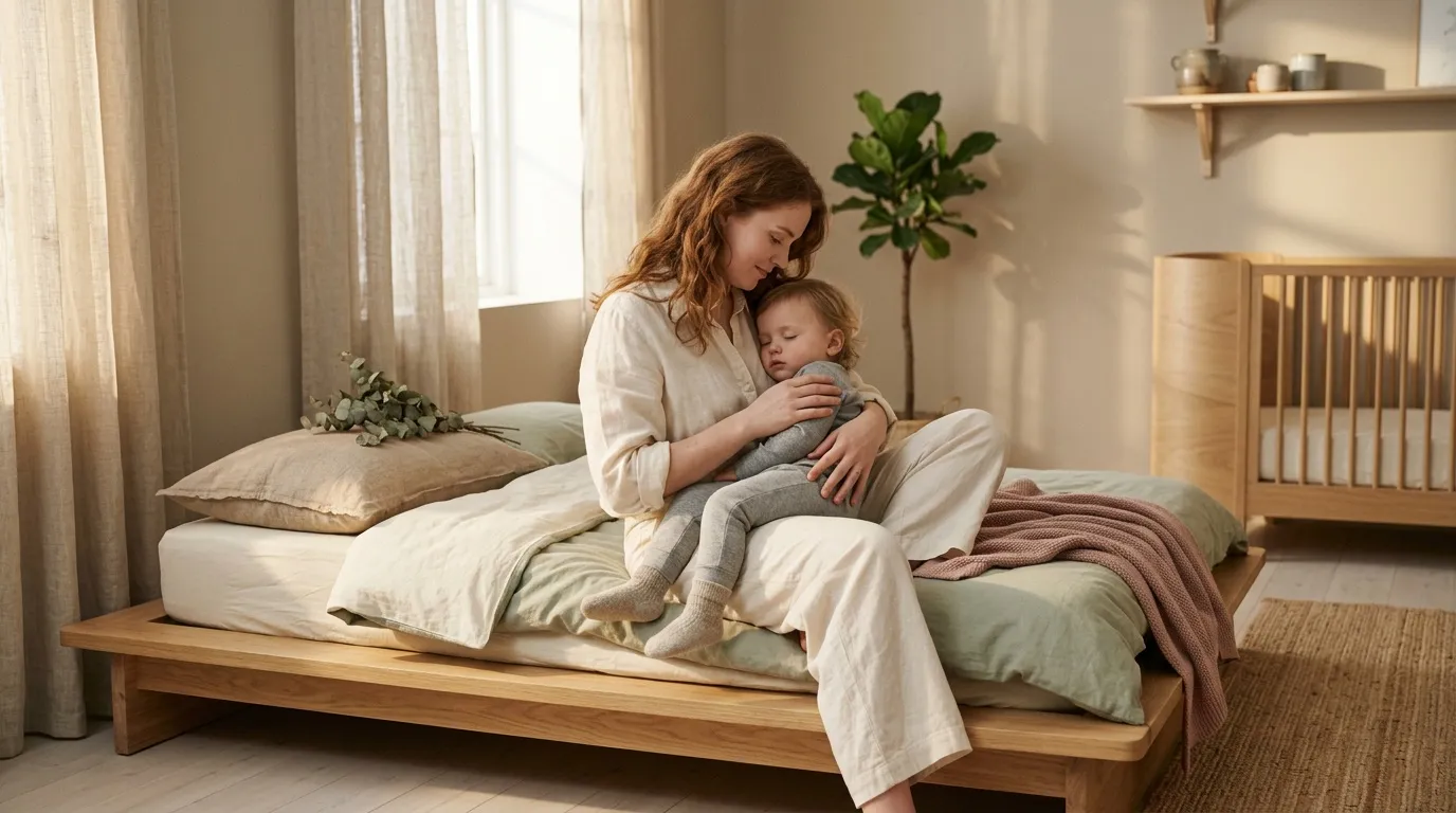Femme serrant tendrement son enfant sur un lit lumineux