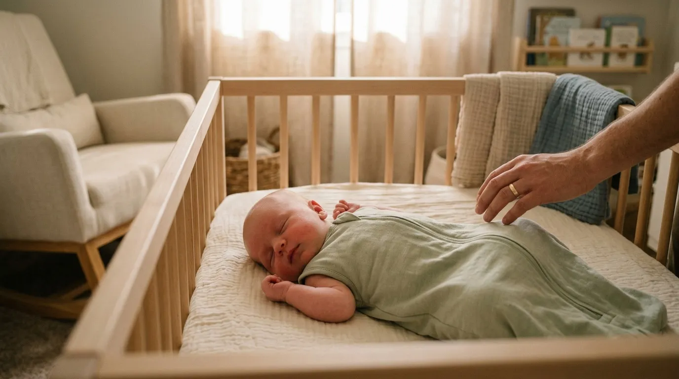 Parent veille sur son bébé endormi dans un berceau blanc