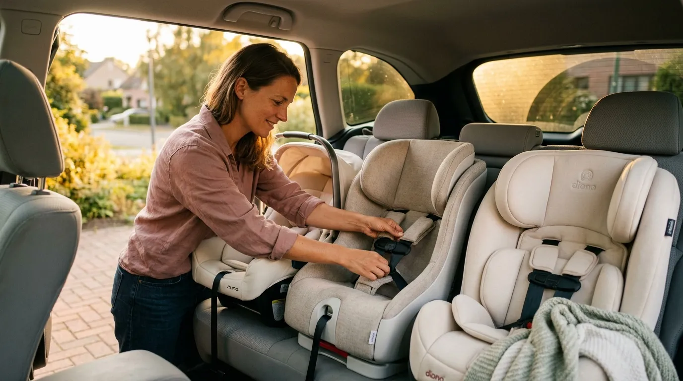 Femme installant siège auto enfant dans voiture familiale