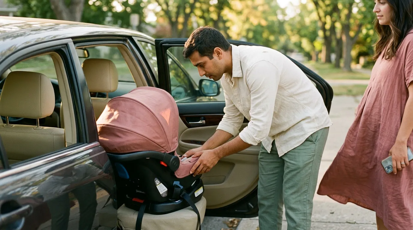 Père installe un siège auto dans la voiture avec sa famille