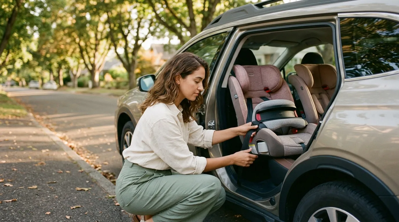 Femme installant un siège auto pour enfant dans une voiture