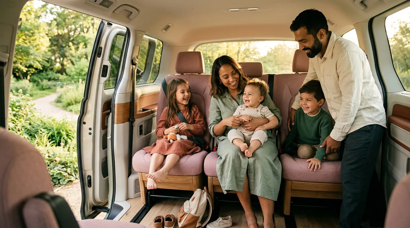 Famille souriante dans un monospace lors d'un voyage