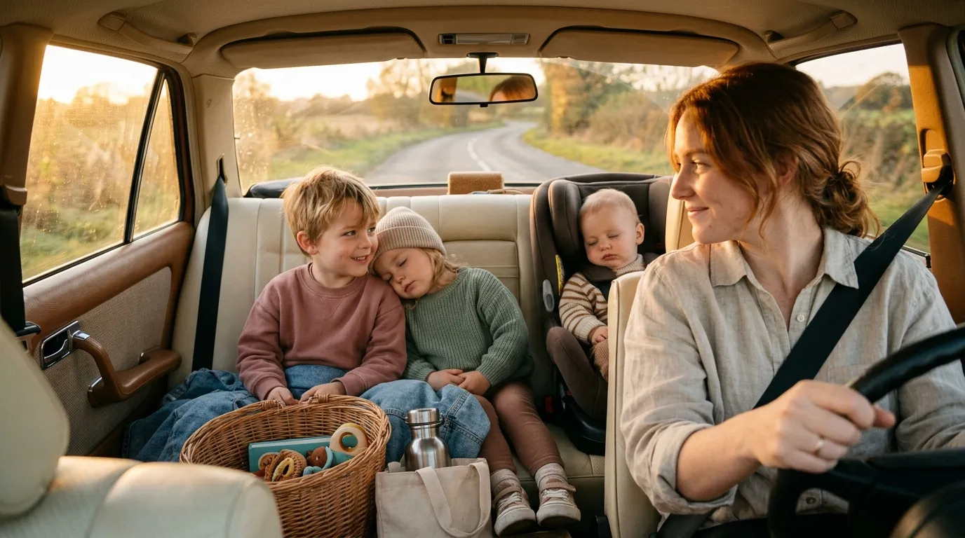 Femme conductrice avec trois enfants en voiture, paysage automnal