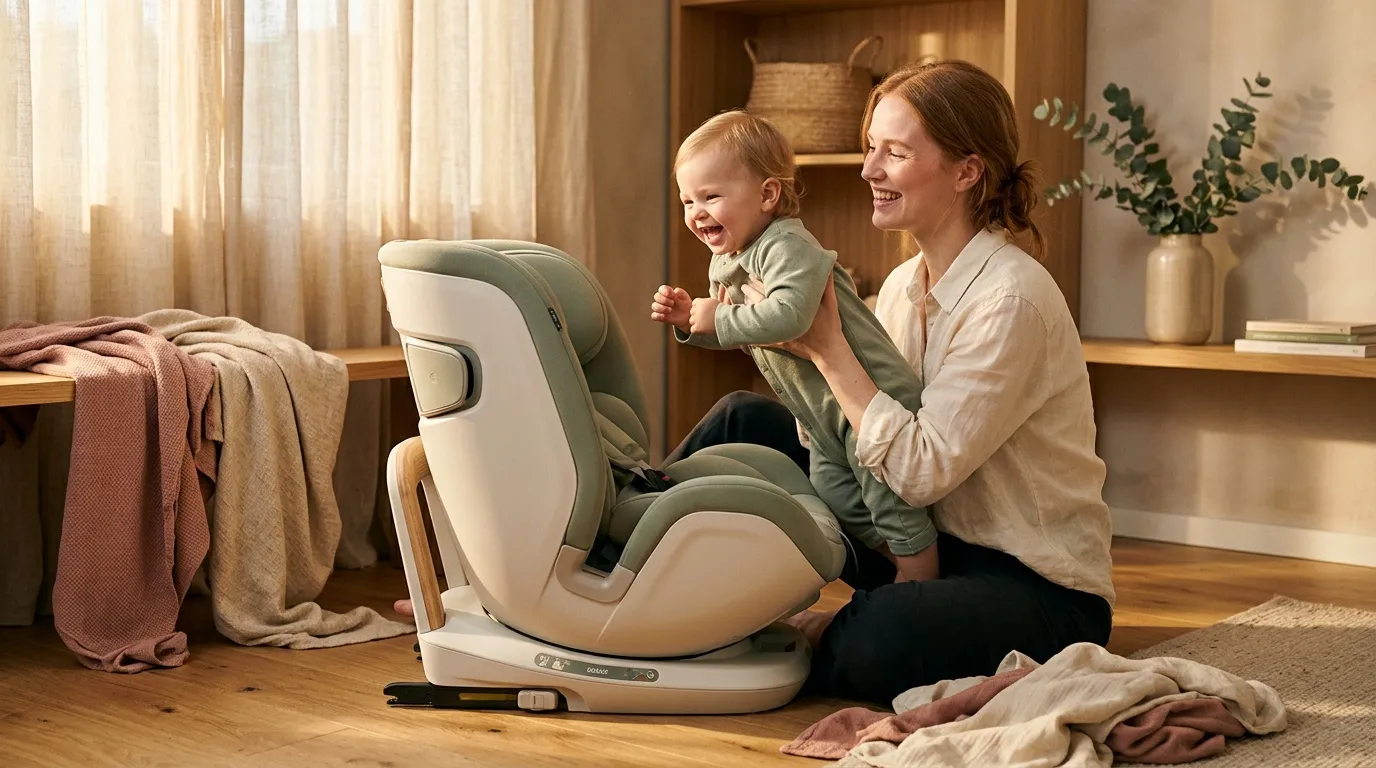 Femme et petit enfant souriant près d'un siège automobile