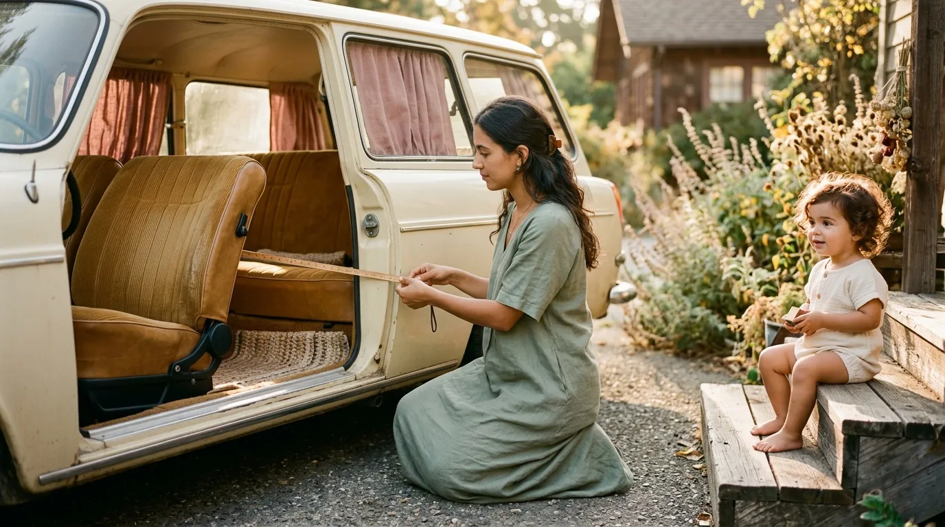 Femme et enfant jouent près d'un van vintage dans un jardin