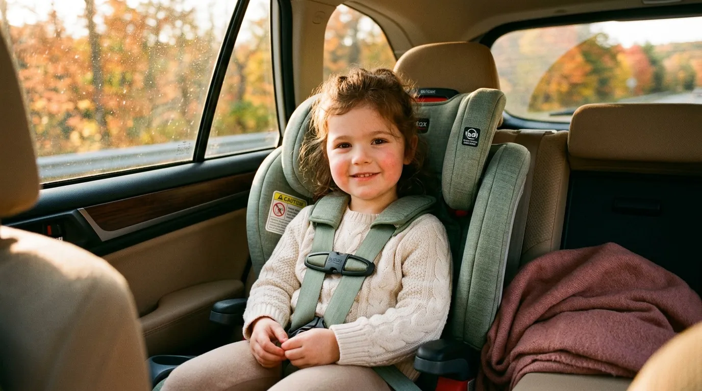 Petite fille souriante attach&eacute;e dans un si&egrave;ge auto vert