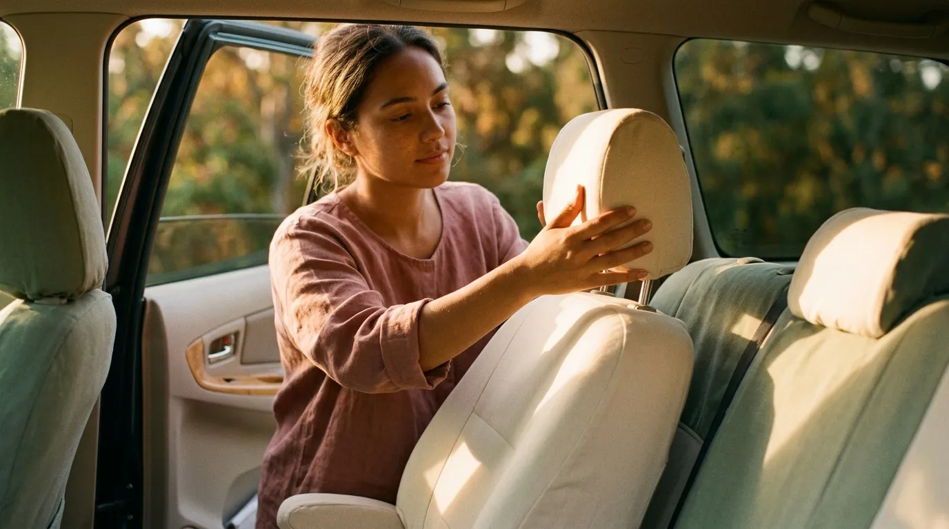 Femme en t-shirt rose nettoie appuie-t&ecirc;te int&eacute;rieur voiture