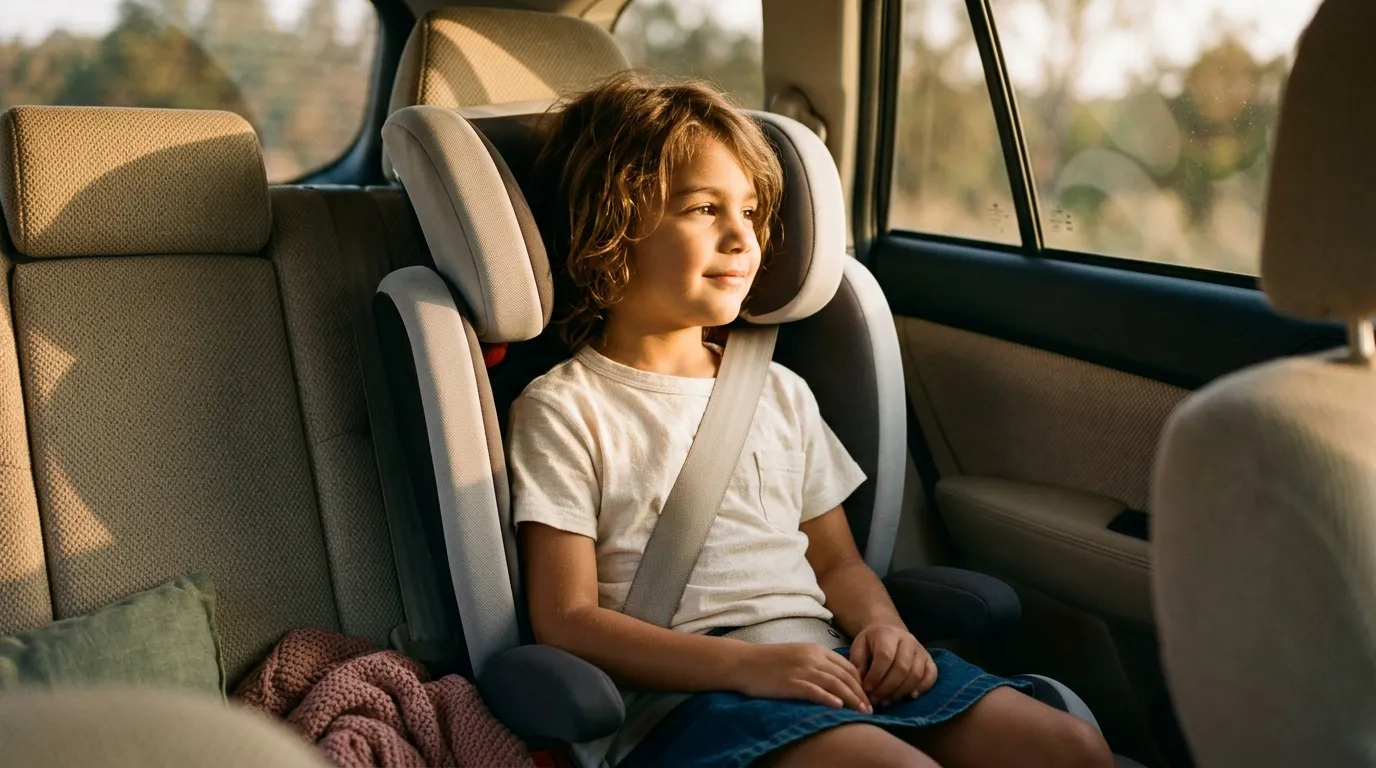 Jeune enfant assis dans un si&egrave;ge auto avec ceinture de s&eacute;curit&eacute;