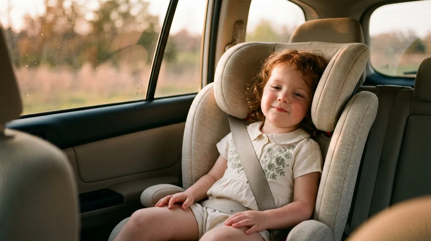 Petite fille rousse assise dans un si&egrave;ge auto enfant
