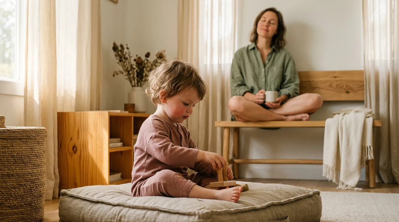 Femme observant son enfant jouer dans une chambre lumineuse