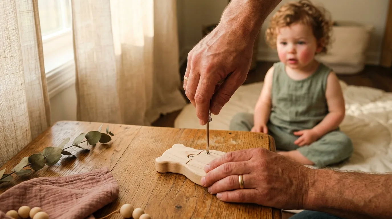 Adulte sciant du bois pendant qu'enfant observe assis