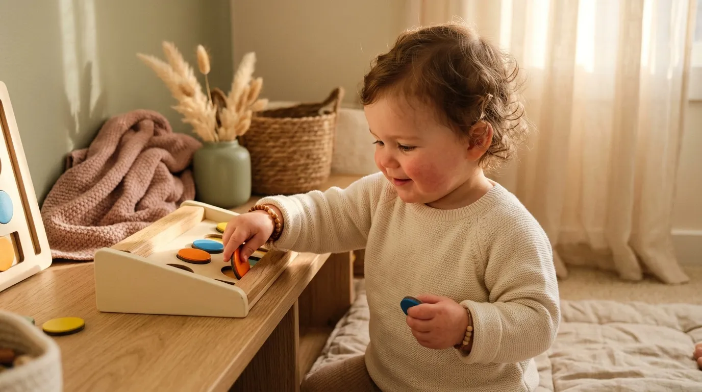 Petit enfant souriant manipule des formes g&eacute;om&eacute;triques color&eacute;es en bois