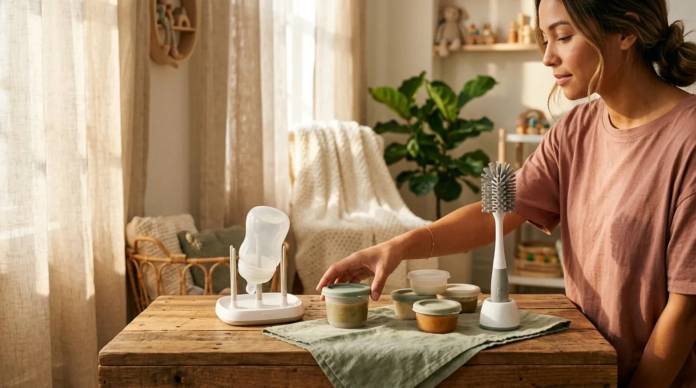 Femme organisant ses produits de soins cosmétiques naturels