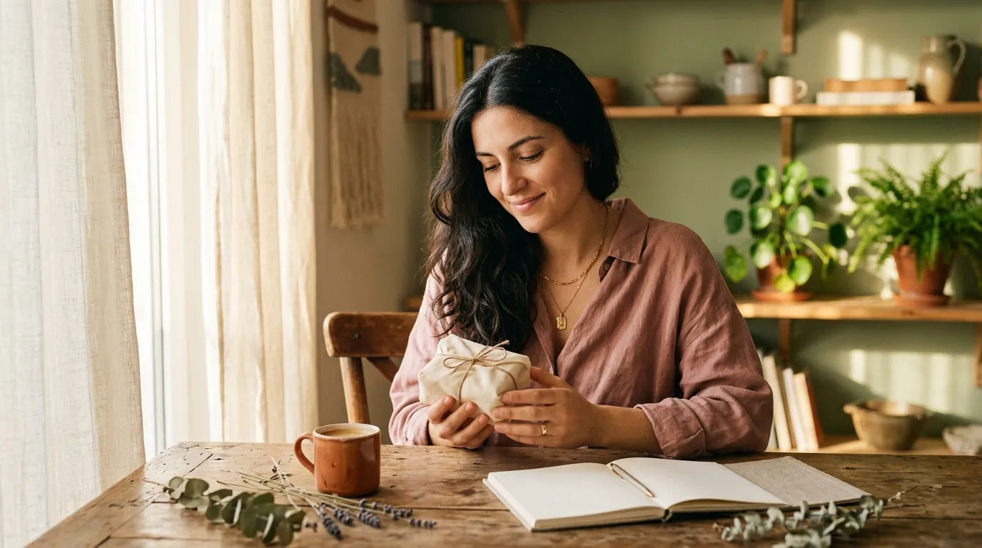 Femme souriante ouvrant un paquet cadeau à sa table