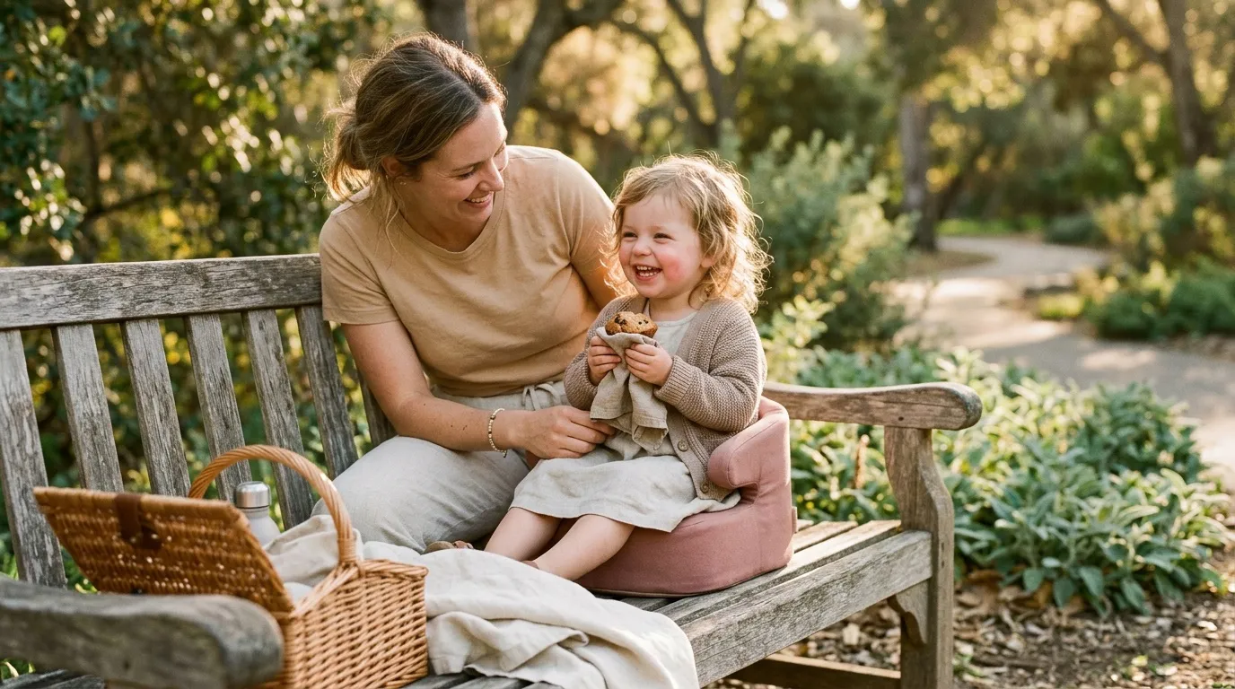 Femme et enfant riant ensemble sur un banc en bois