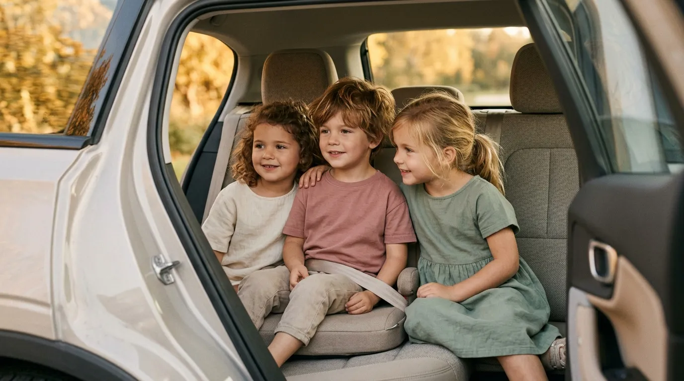 Trois enfants souriants assis &agrave; l'arri&egrave;re d'une voiture blanche