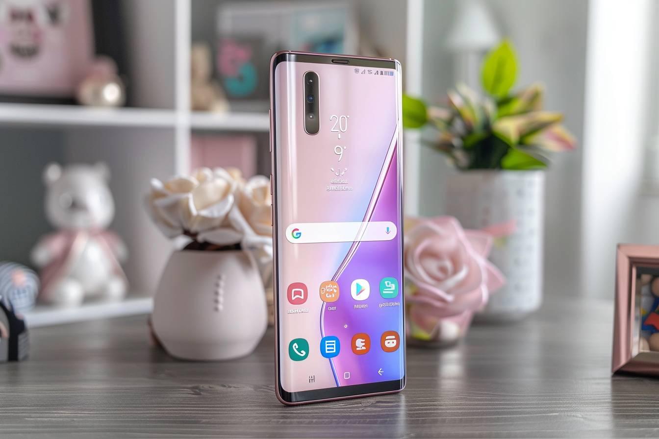 Un smartphone Samsung Galaxy aux couleurs roses pos&eacute; sur un bureau avec des fleurs.