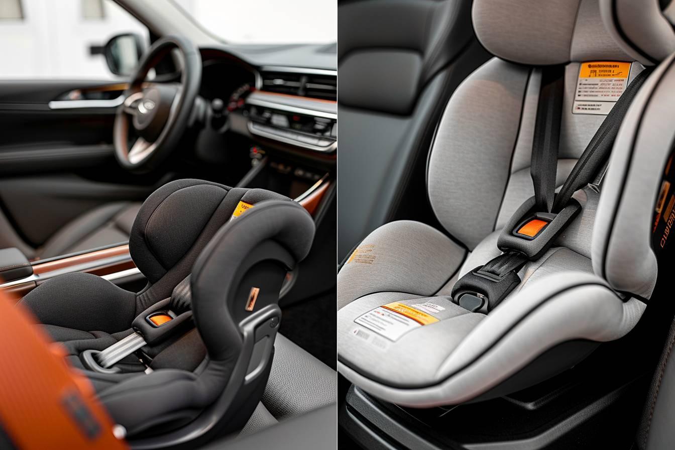 Image montrant l'int&eacute;rieur d'une voiture avec un si&egrave;ge b&eacute;b&eacute; et un tableau de bord sophistiqu&eacute;.