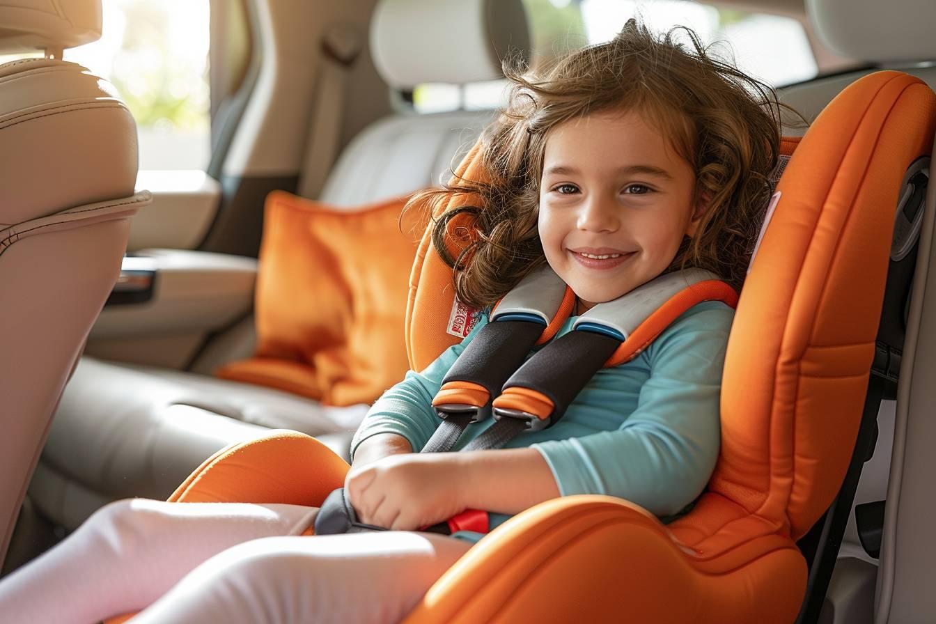 Un enfant souriant et heureux assis dans un si&egrave;ge auto orange