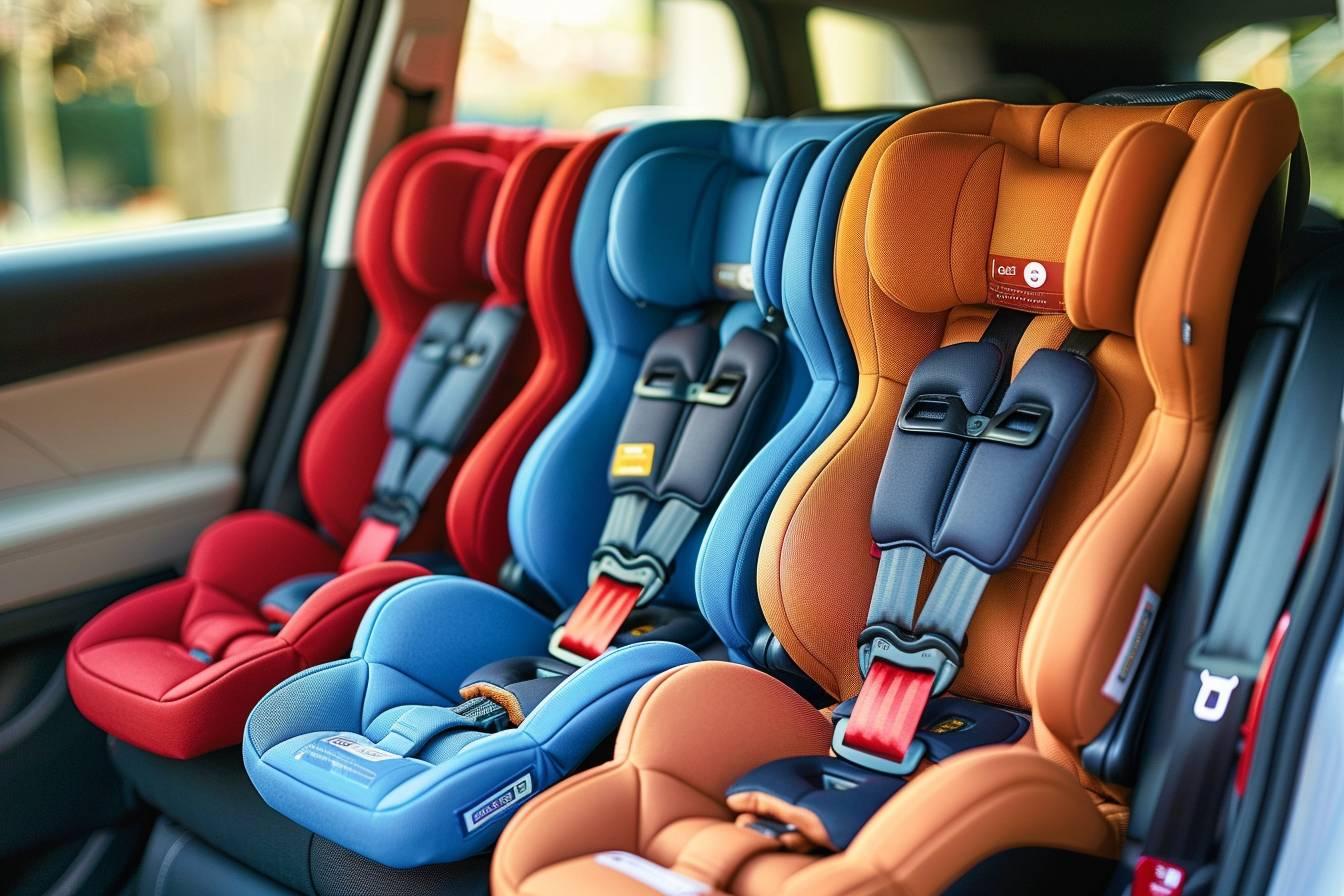 Gros plan sur des si&egrave;ges-auto enfants de couleurs vives et s&eacute;curis&eacute;s